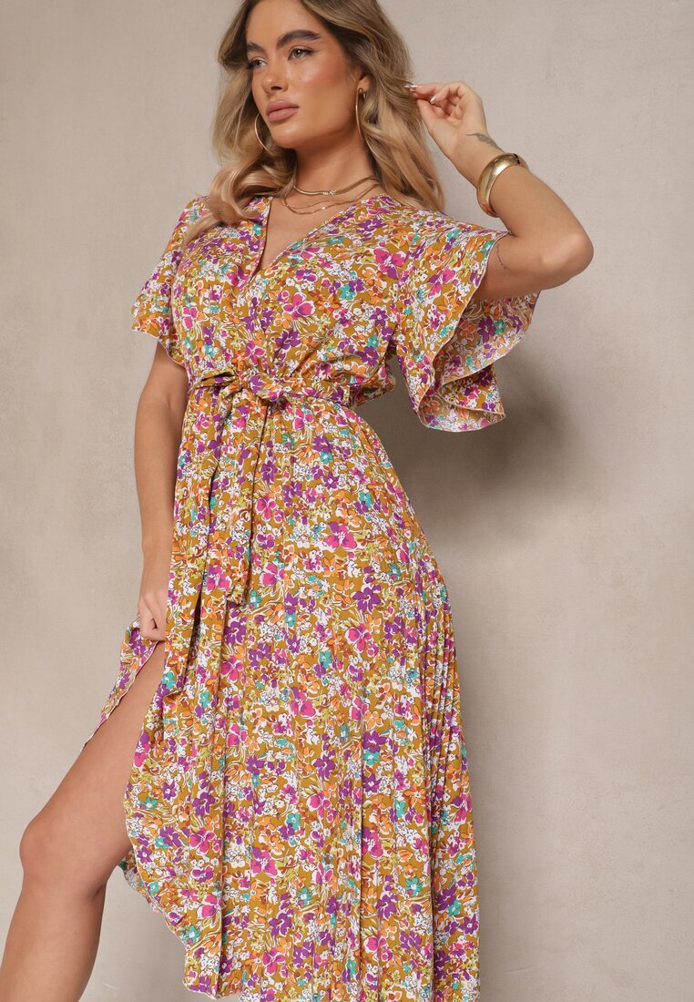 defox Rochie Galbenă cu pliuri cu imprimeu floral cu croi evazat Lanelin