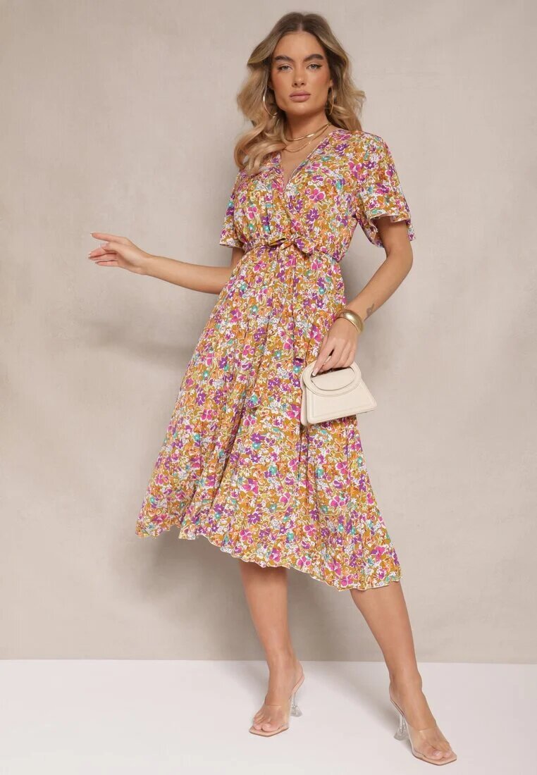 defox Rochie Galbenă cu pliuri cu imprimeu floral cu croi evazat Lanelin