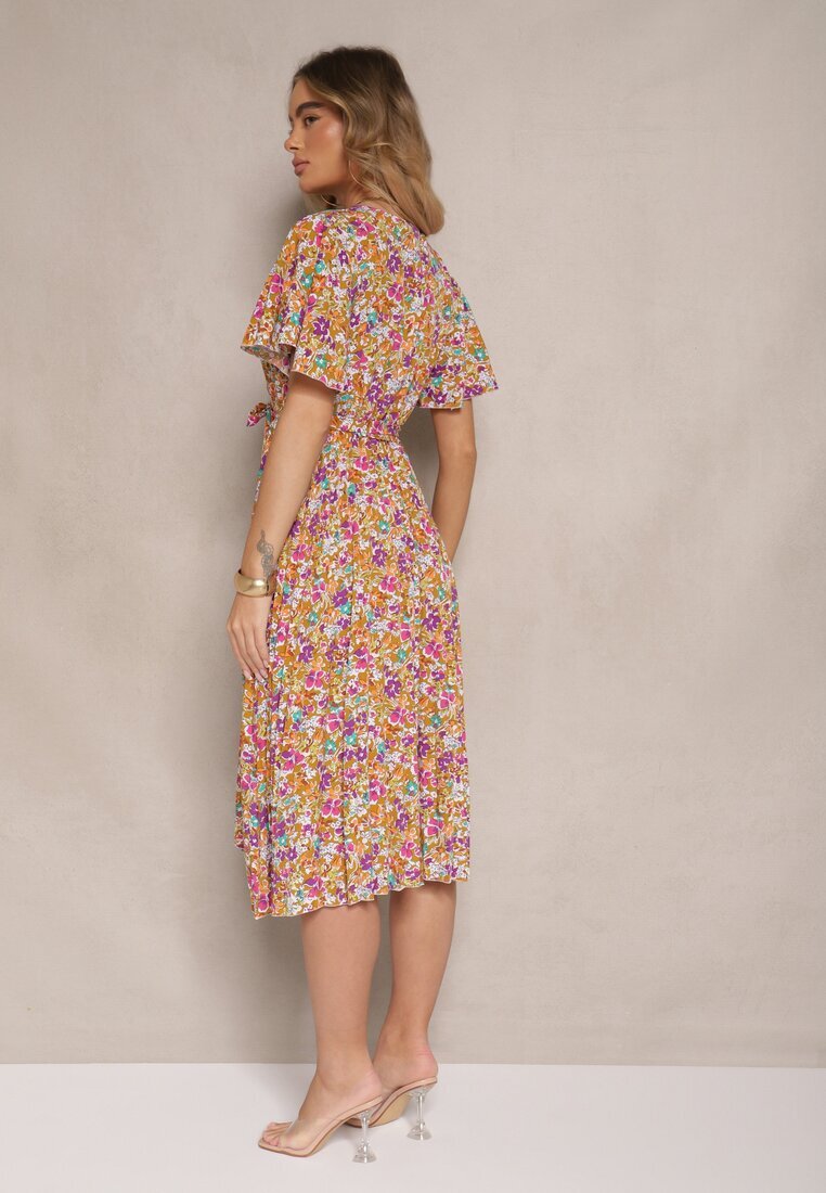 defox Rochie Galbenă cu pliuri cu imprimeu floral cu croi evazat Lanelin