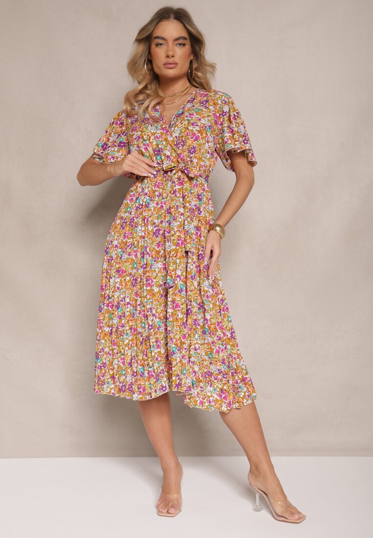 defox Rochie Galbenă cu pliuri cu imprimeu floral cu croi evazat Lanelin