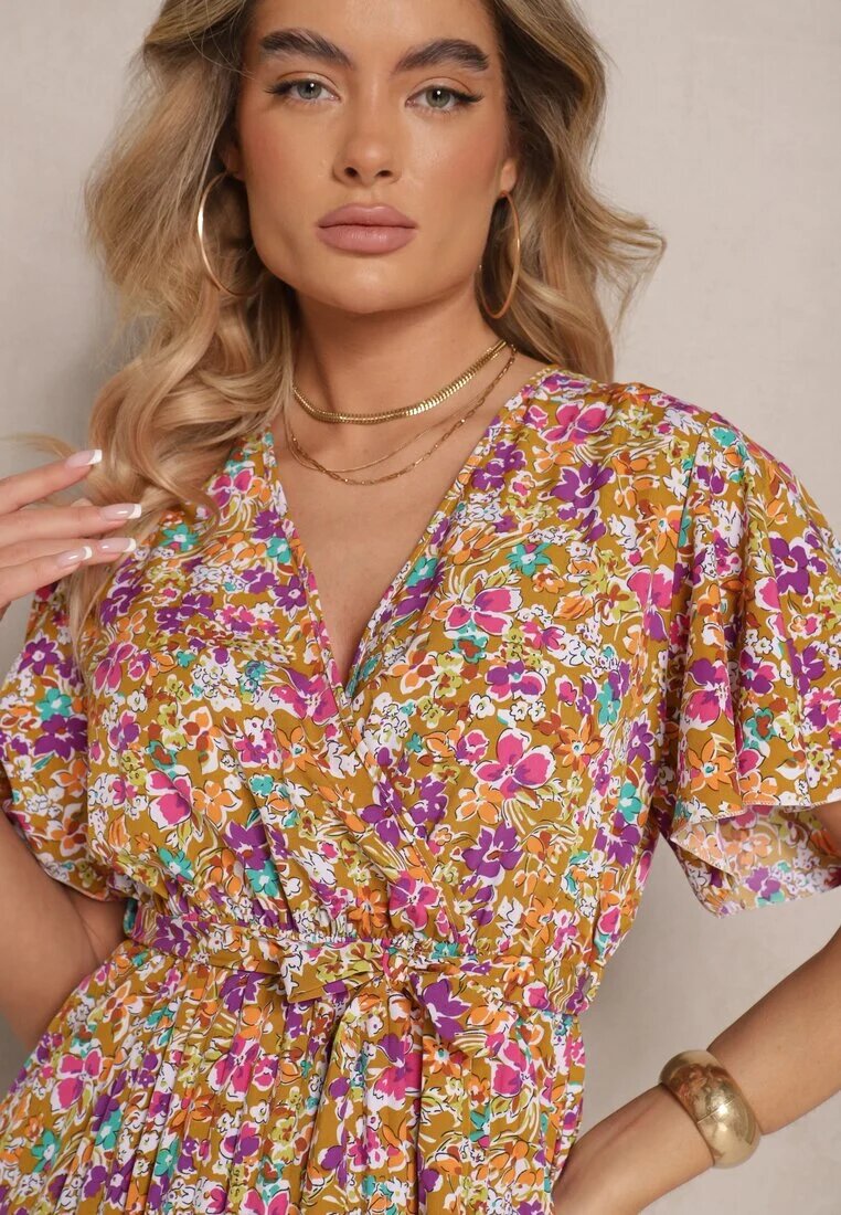 defox Rochie Galbenă cu pliuri cu imprimeu floral cu croi evazat Lanelin