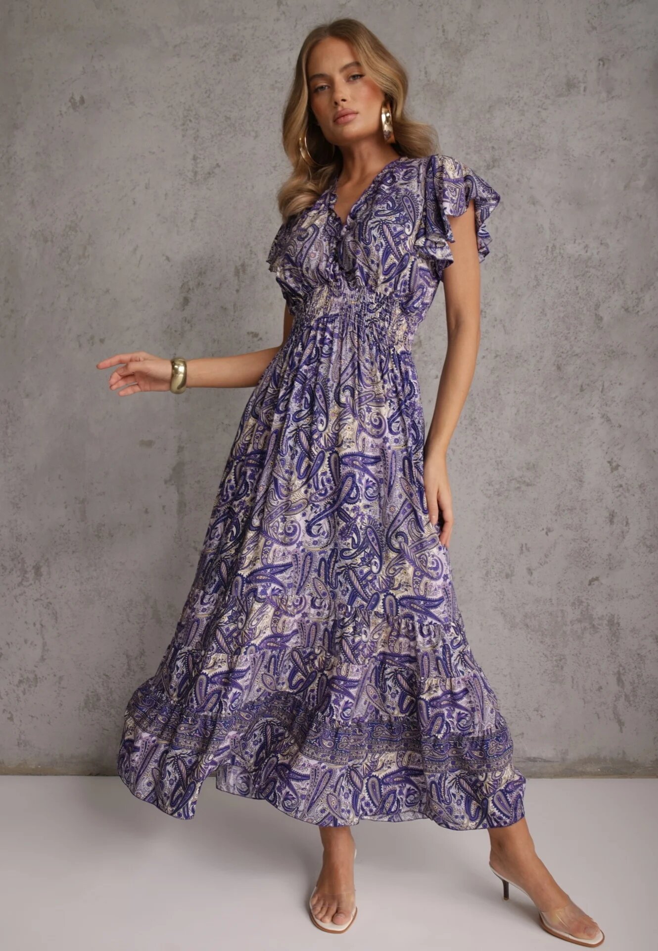 defox Rochie Granat de Bumbac Paisley cu Decolteu Petrecut cu Volan și Elastic în Talie Brionea