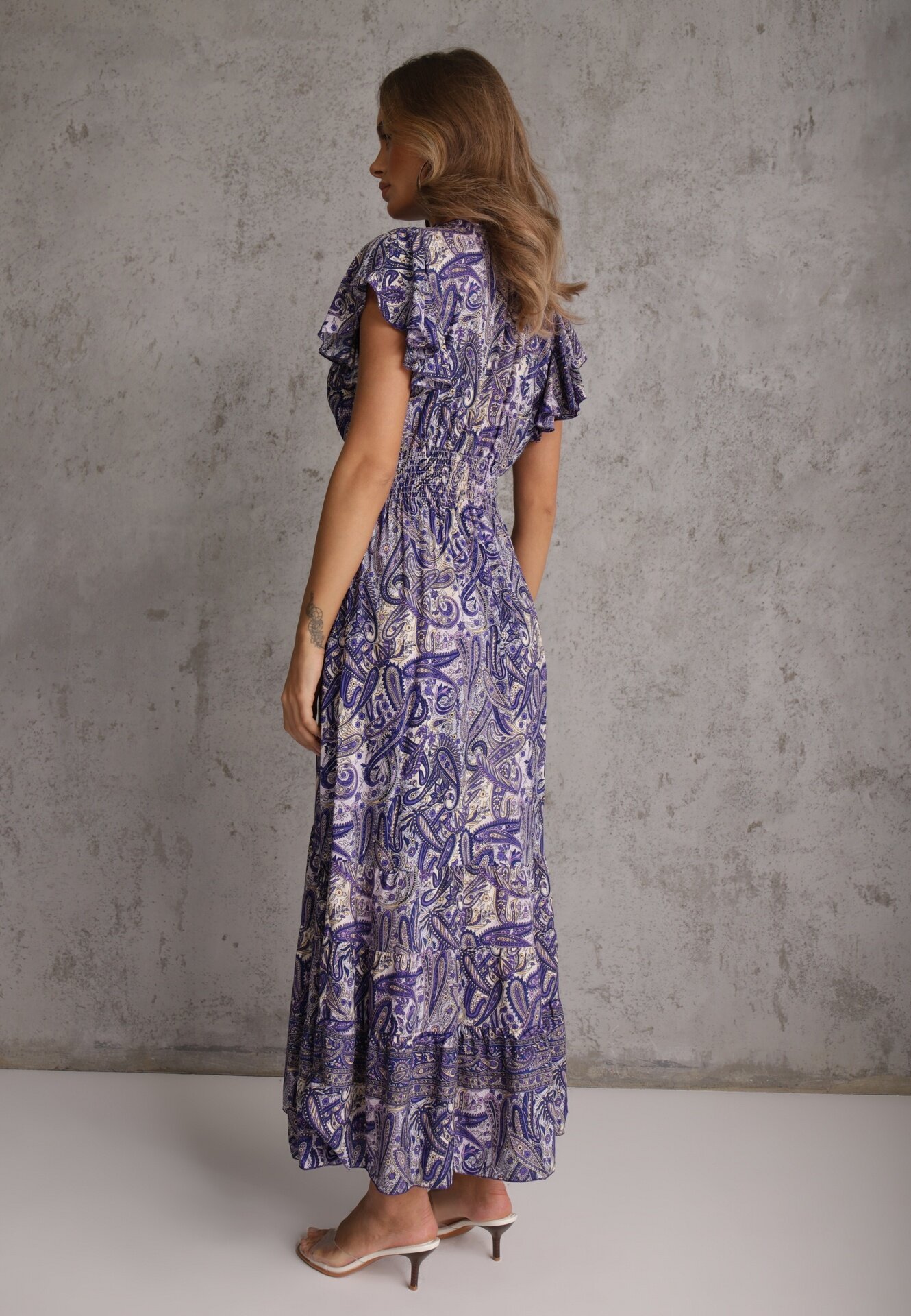defox Rochie Granat de Bumbac Paisley cu Decolteu Petrecut cu Volan și Elastic în Talie Brionea
