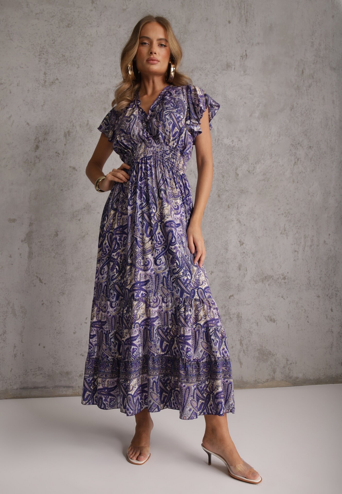 defox Rochie Granat de Bumbac Paisley cu Decolteu Petrecut cu Volan și Elastic în Talie Brionea