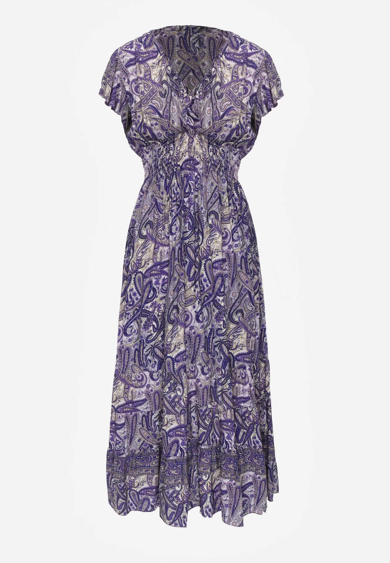 defox Rochie Granat de Bumbac Paisley cu Decolteu Petrecut cu Volan și Elastic în Talie Brionea