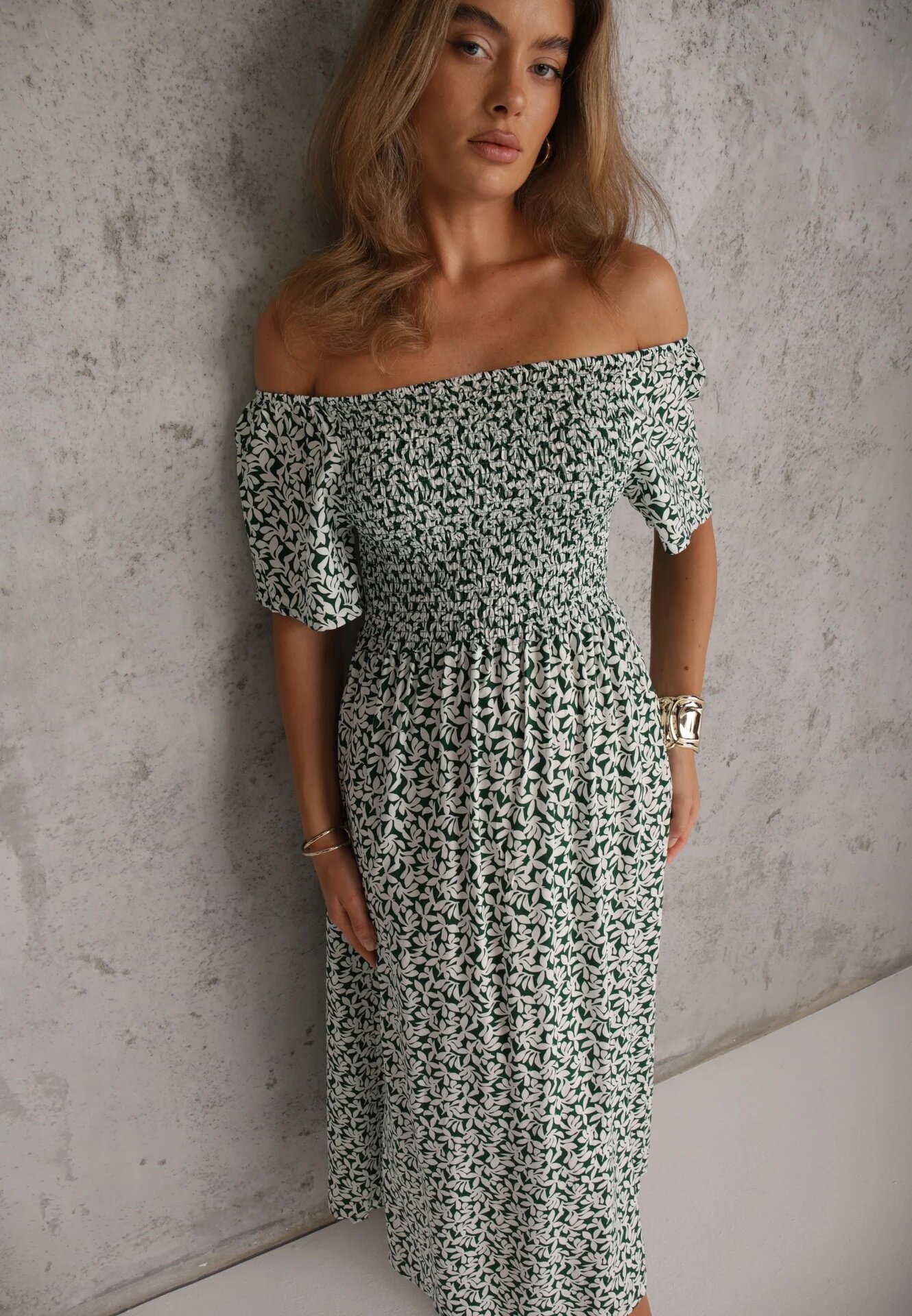 defox Rochie hispanică din bumbac cu print vegetal care evidențiază talia cu ciucuri Kradli Verde