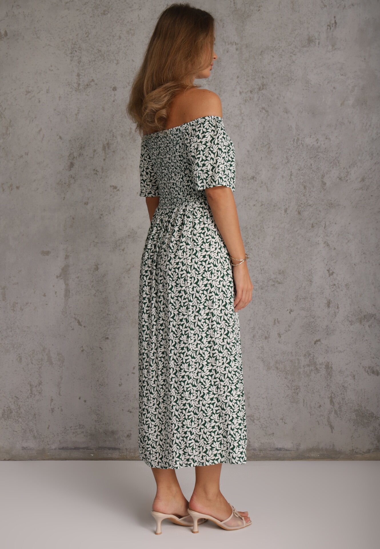defox Rochie hispanică din bumbac cu print vegetal care evidențiază talia cu ciucuri Kradli Verde