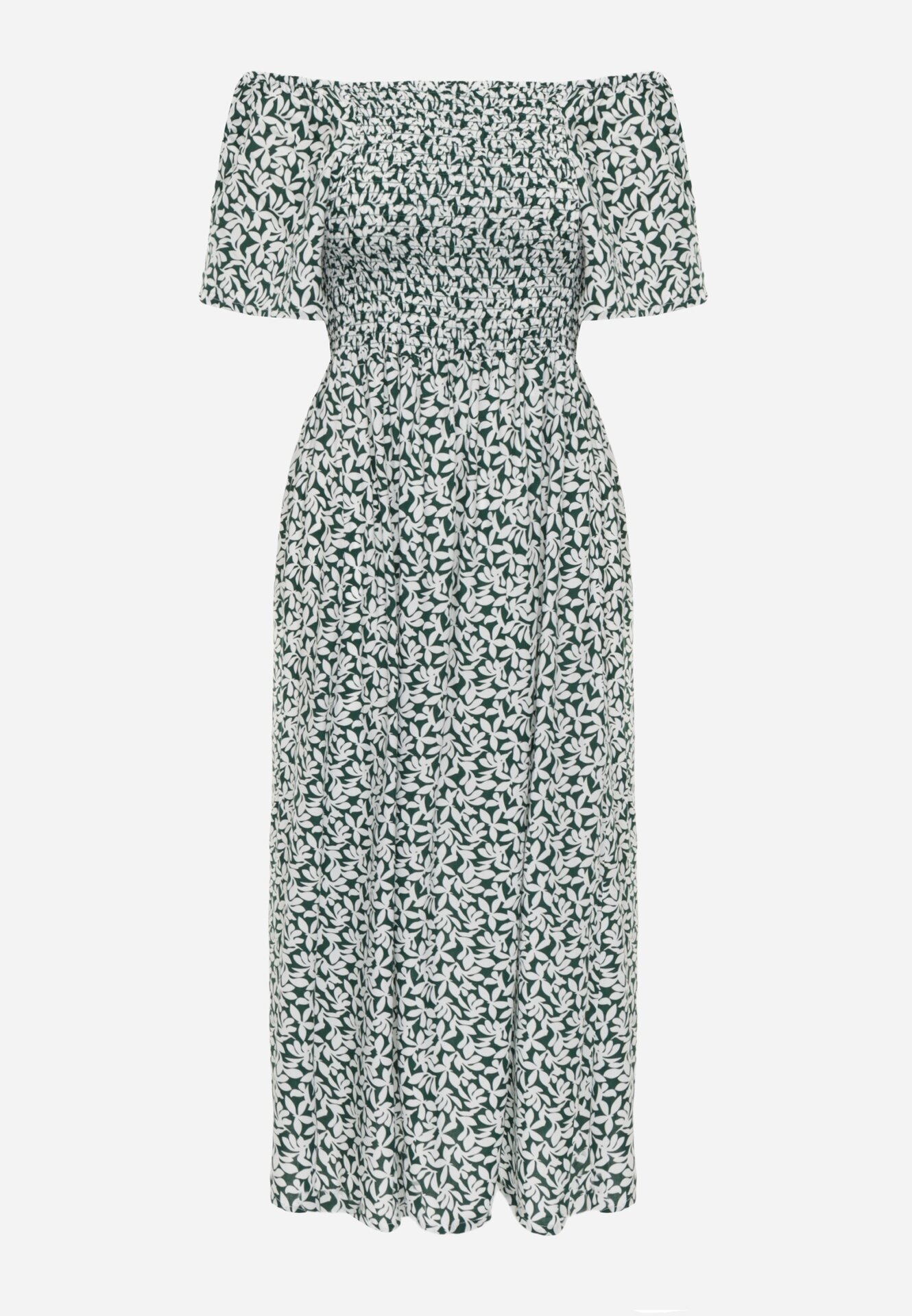 defox Rochie hispanică din bumbac cu print vegetal care evidențiază talia cu ciucuri Kradli Verde