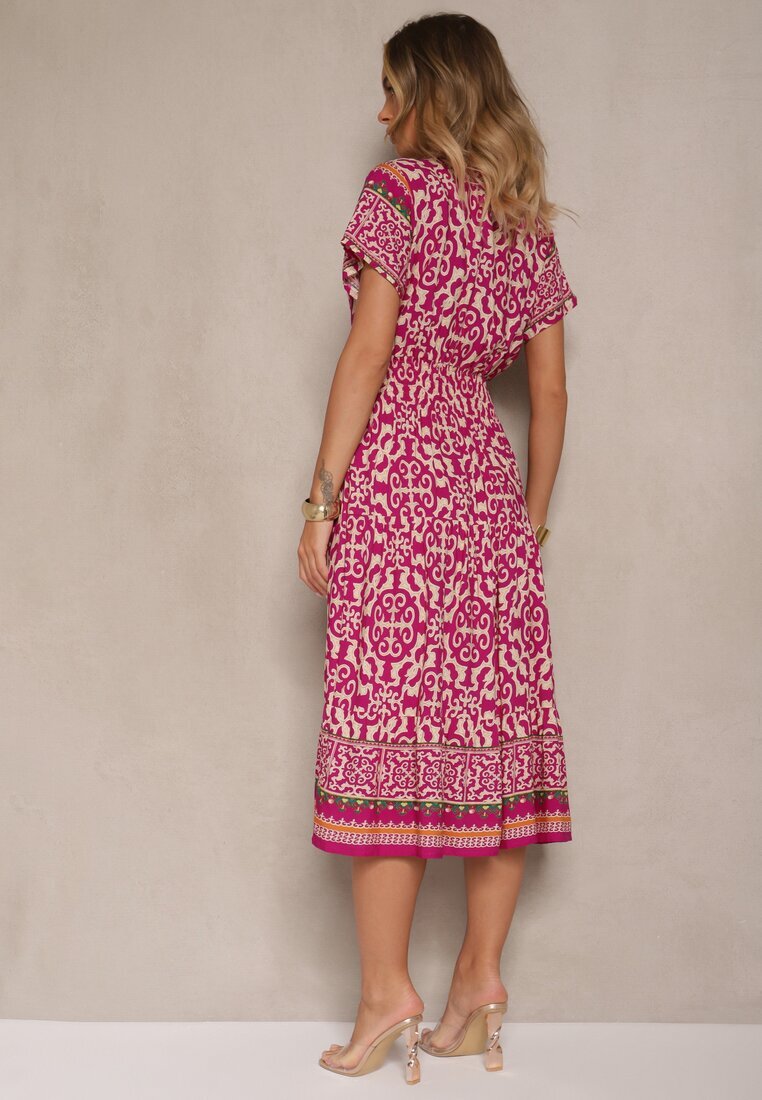 defox Rochie Mov din Bumbac Decorată cu Motiv Ornamental Fillena