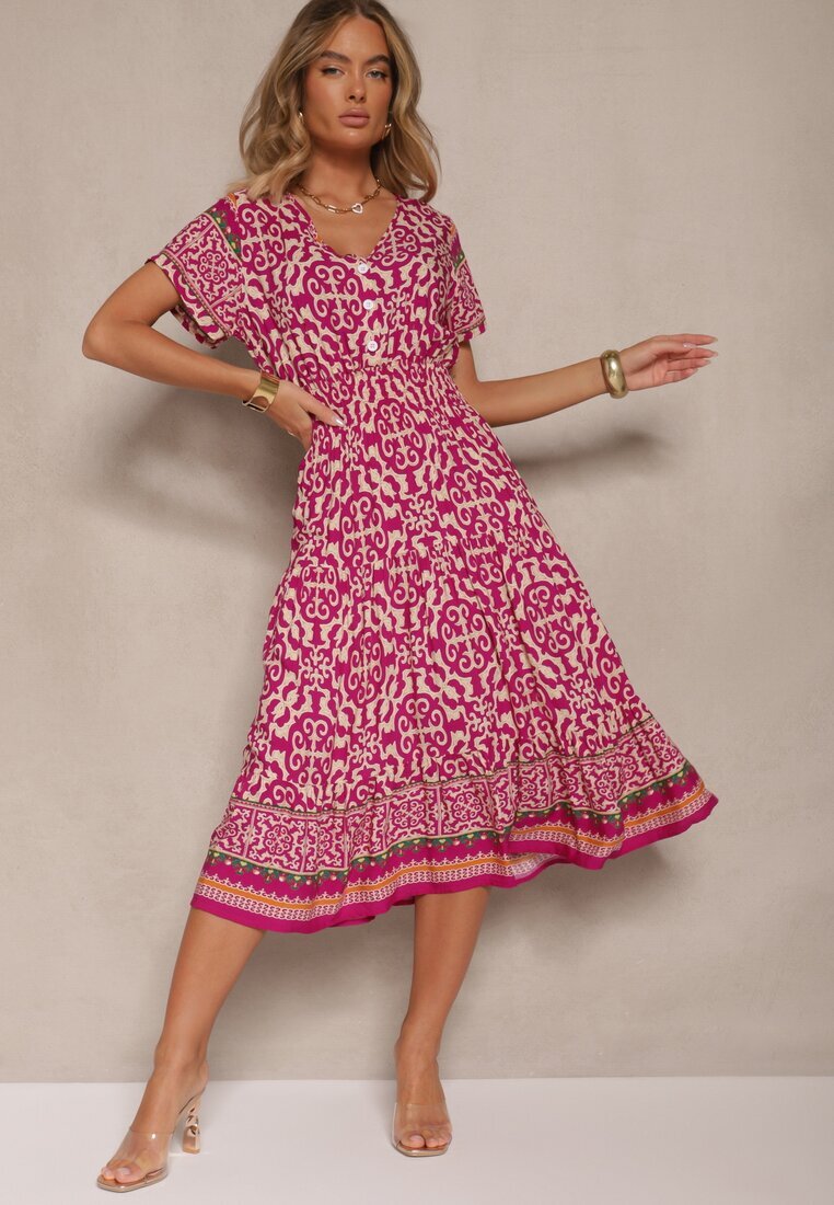 defox Rochie Mov din Bumbac Decorată cu Motiv Ornamental Fillena