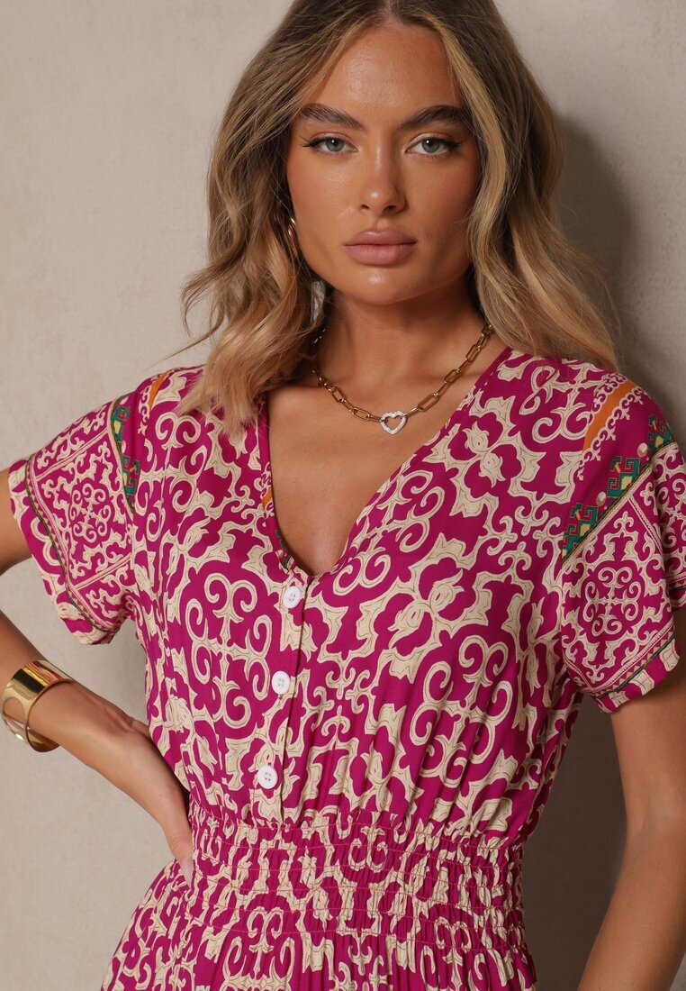 defox Rochie Mov din Bumbac Decorată cu Motiv Ornamental Fillena