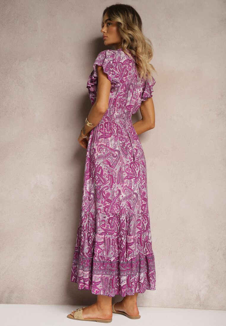 defox Rochie Mov din Bumbac Paisley cu Decolteu petrecut cu Volan și Elastic în Talie Brionea