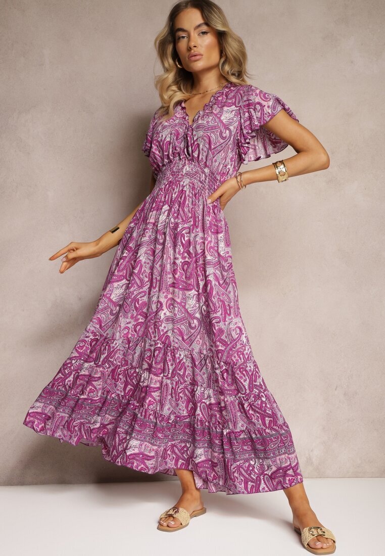 defox Rochie Mov din Bumbac Paisley cu Decolteu petrecut cu Volan și Elastic în Talie Brionea