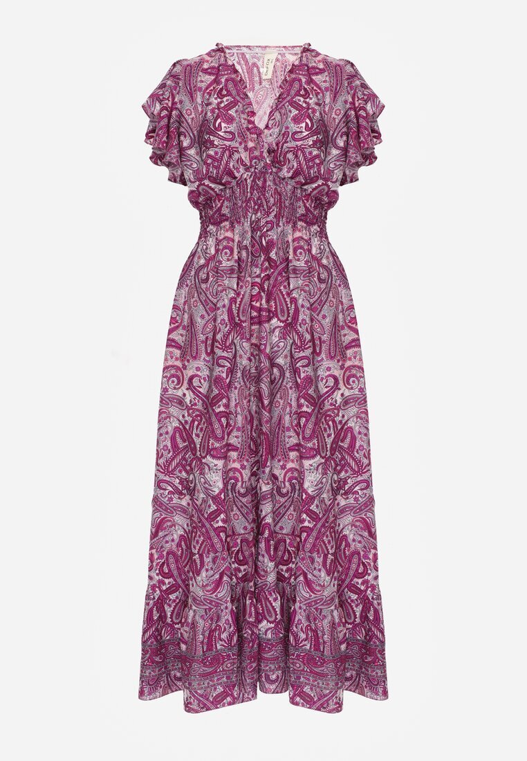 defox Rochie Mov din Bumbac Paisley cu Decolteu petrecut cu Volan și Elastic în Talie Brionea
