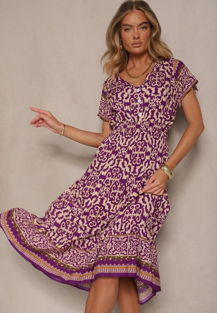 defox Rochie Mov închis din Bumbac Decorată cu Motiv Ornamental Fillena
