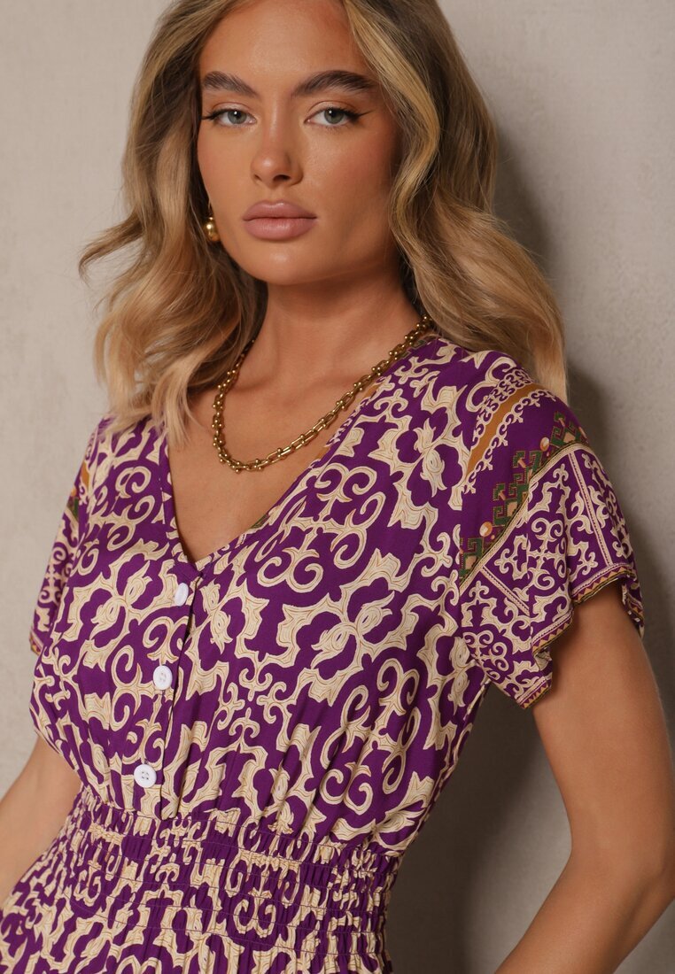 defox Rochie Mov închis din Bumbac Decorată cu Motiv Ornamental Fillena