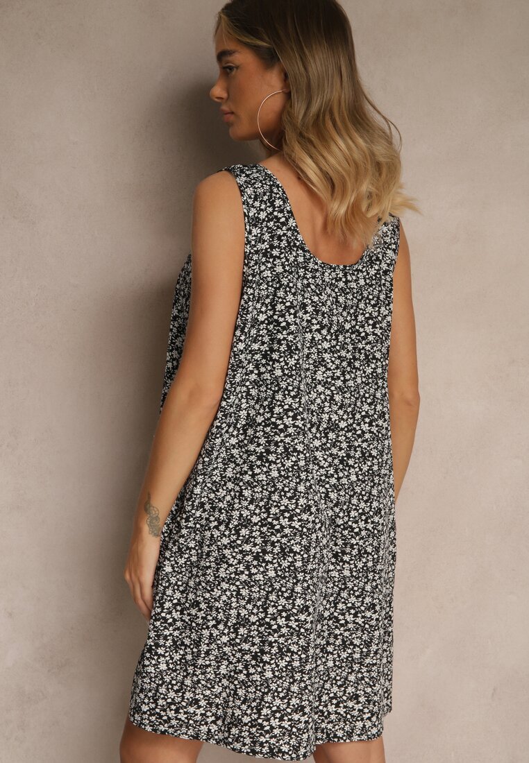 defox Rochie Neagră Cloș cu Bretele Late cu Imprimeu Floral Folivena