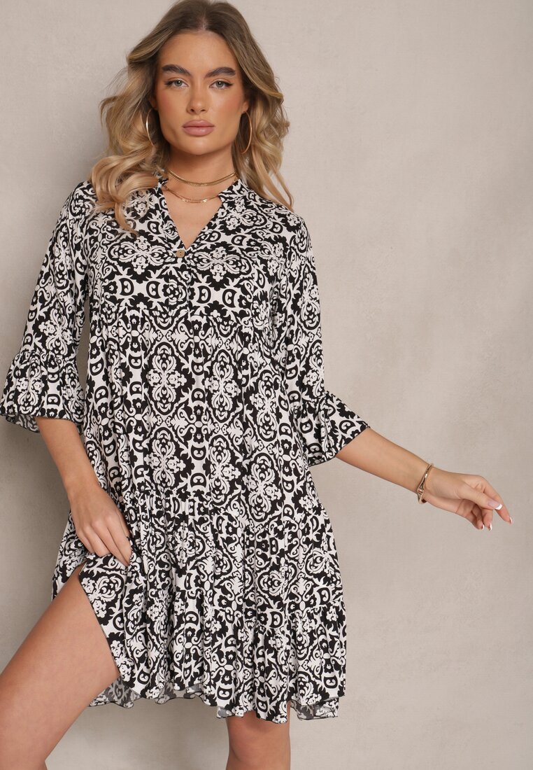 defox Rochie Neagră Cloș din Bumbac cu Model Ornamental cu Volan Lanariella