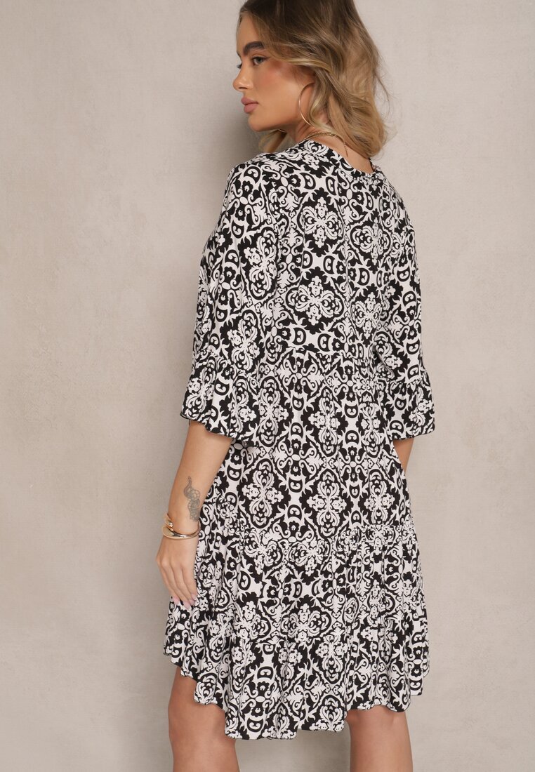 defox Rochie Neagră Cloș din Bumbac cu Model Ornamental cu Volan Lanariella