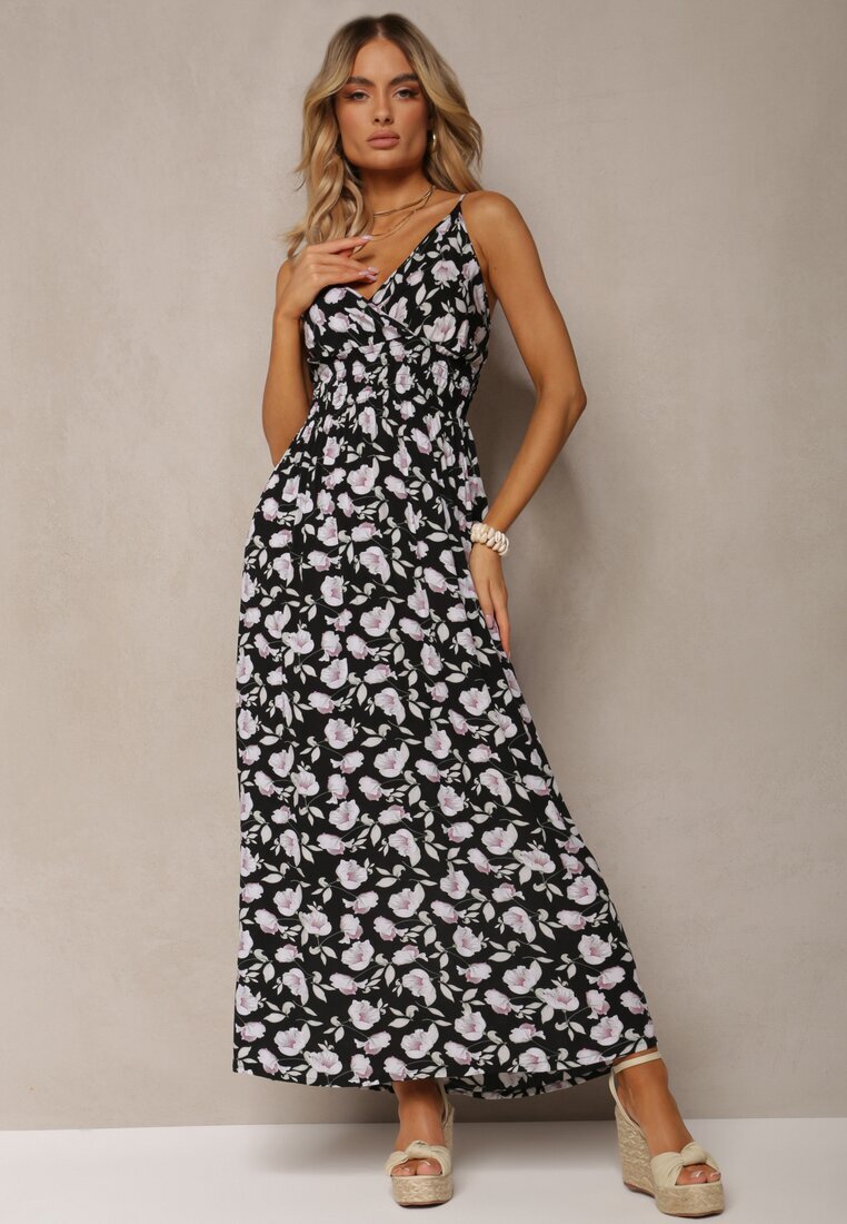 defox Rochie Neagră de Bumbac cu bretele subțiri cu model floral cu croială evazată Rosaq