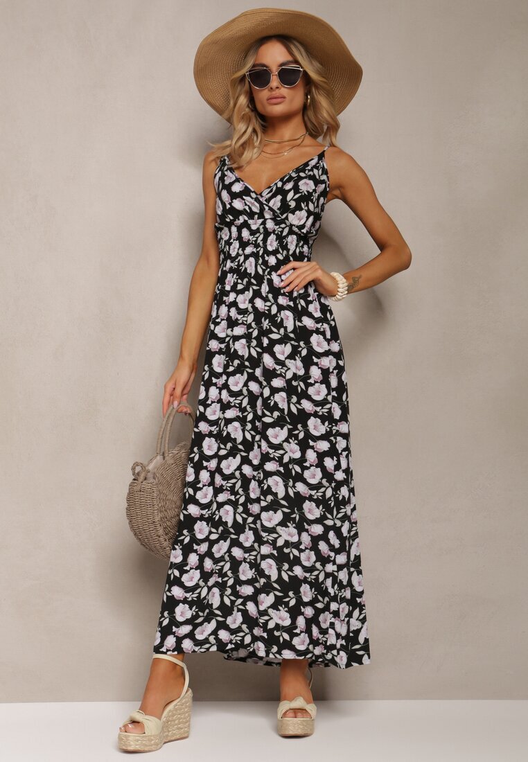 defox Rochie Neagră de Bumbac cu bretele subțiri cu model floral cu croială evazată Rosaq