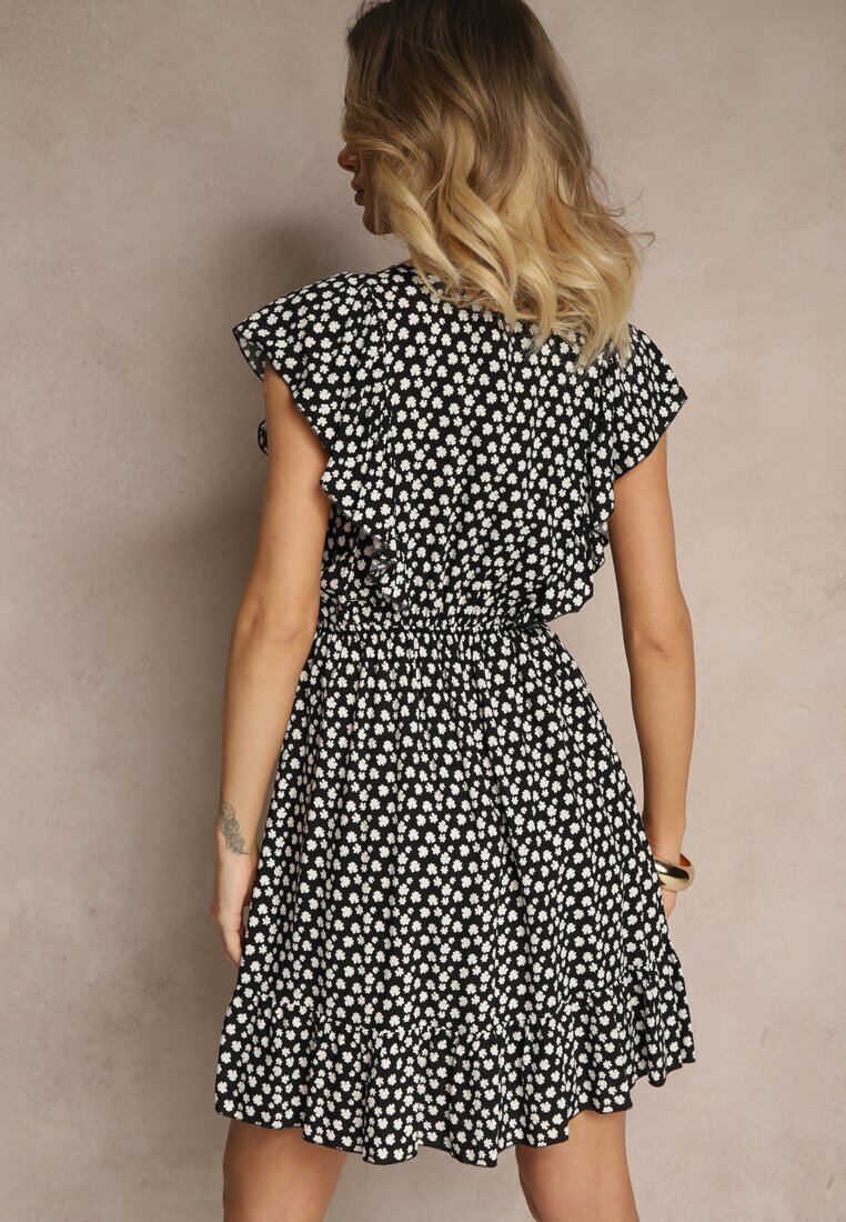 defox Rochie Neagră de bumbac cu croi evazat cu nasturi cu model floral Roniva