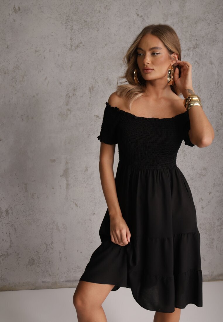 defox Rochie Neagră de vară din bumbac stil spaniol cu volane evazate Lorania