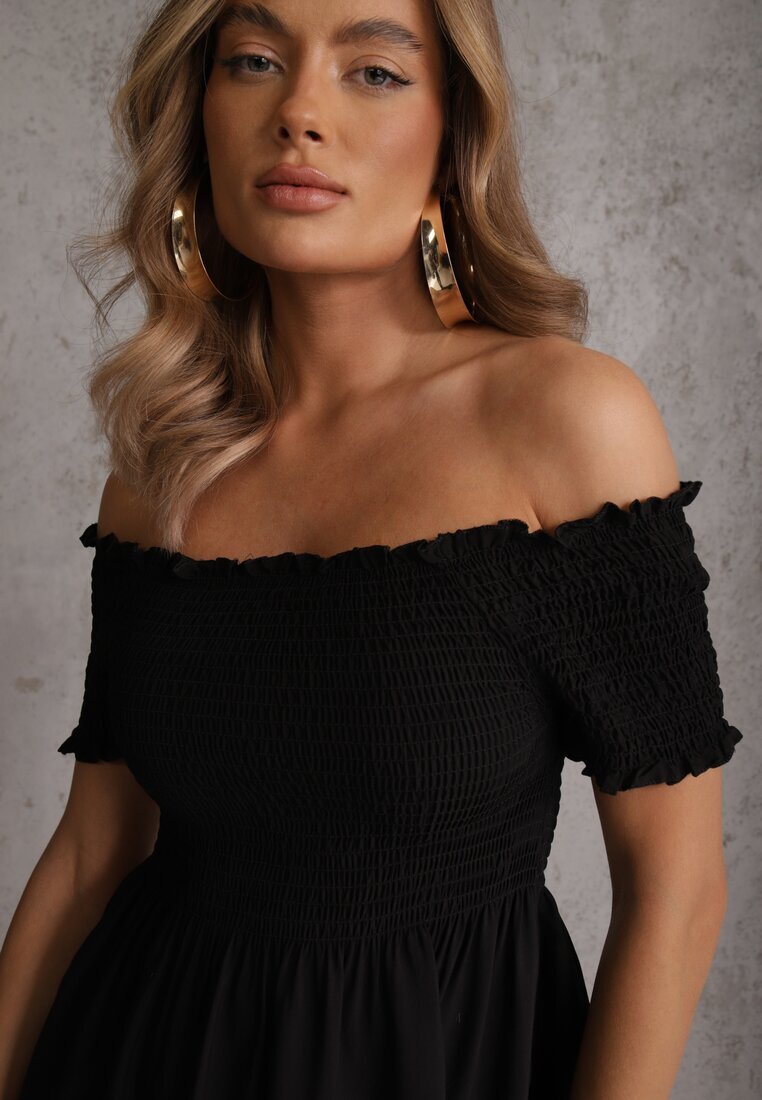 defox Rochie Neagră de vară din bumbac stil spaniol cu volane evazate Lorania