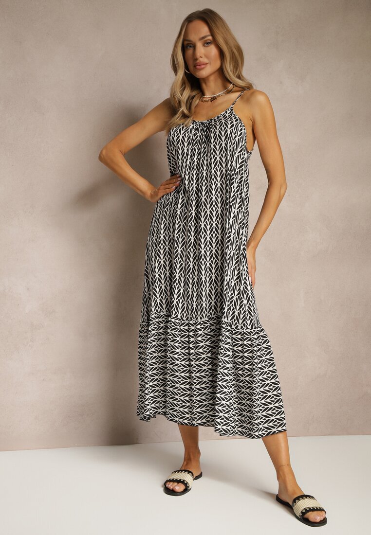 defox Rochie Neagră din Bumbac Decorată cu Motiv Geometric Nilavionea