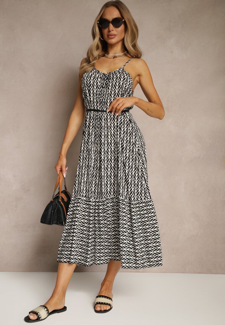 defox Rochie Neagră din Bumbac Decorată cu Motiv Geometric Nilavionea