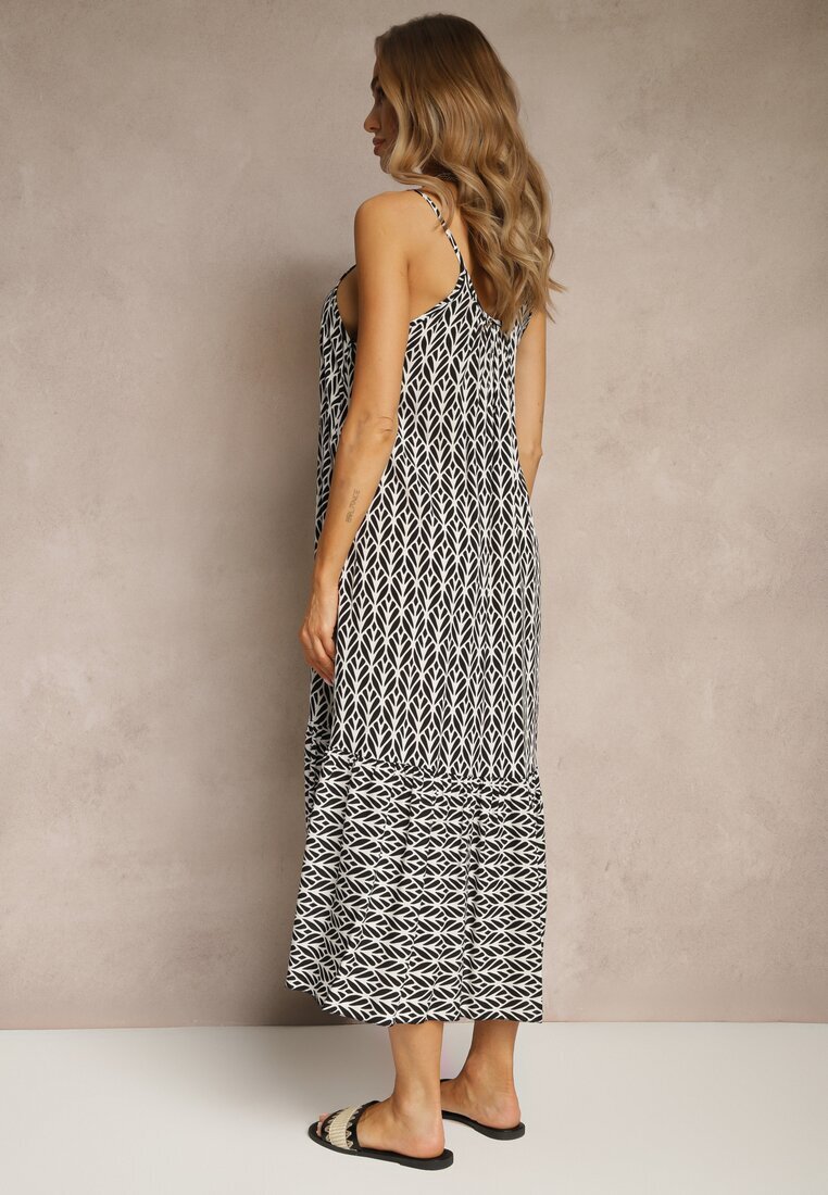 defox Rochie Neagră din Bumbac Decorată cu Motiv Geometric Nilavionea