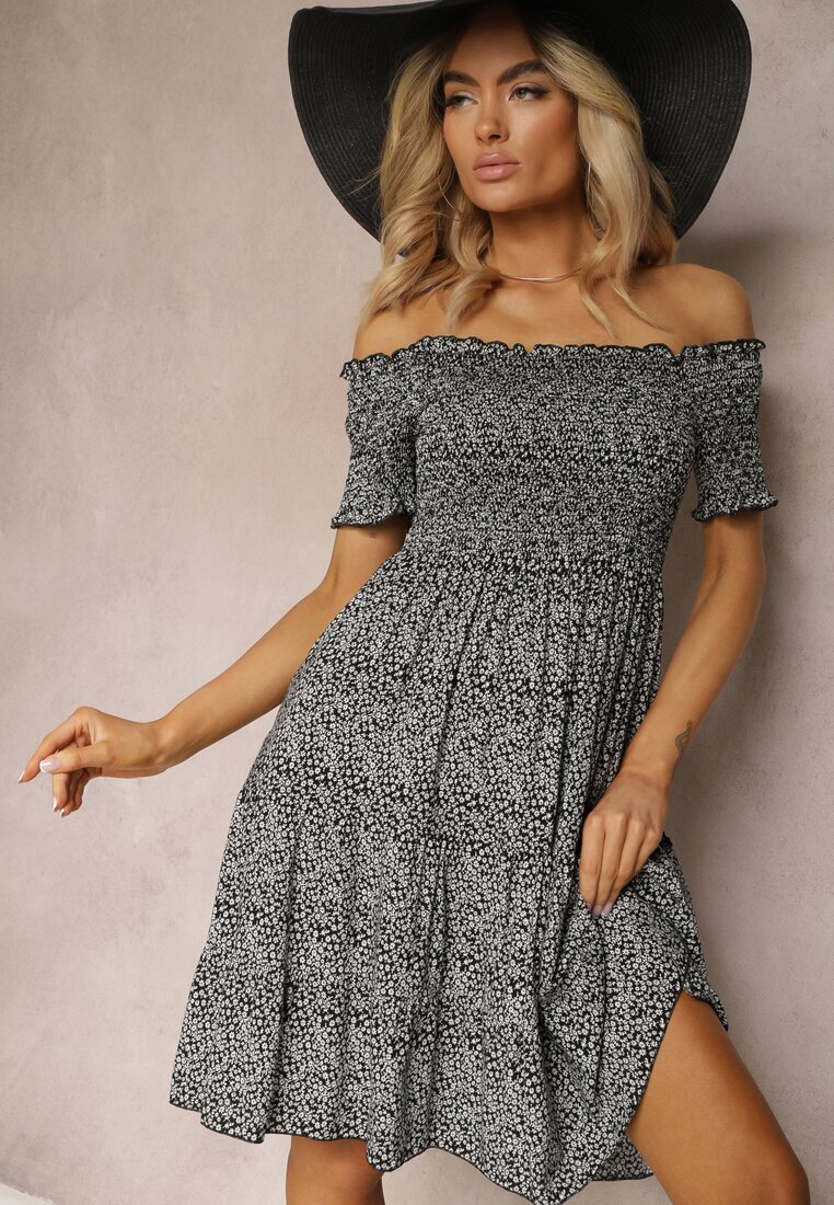 defox Rochie Neagră Stil Spaniol din Bumbac cu Elastice Încrețite și Volan Neasha