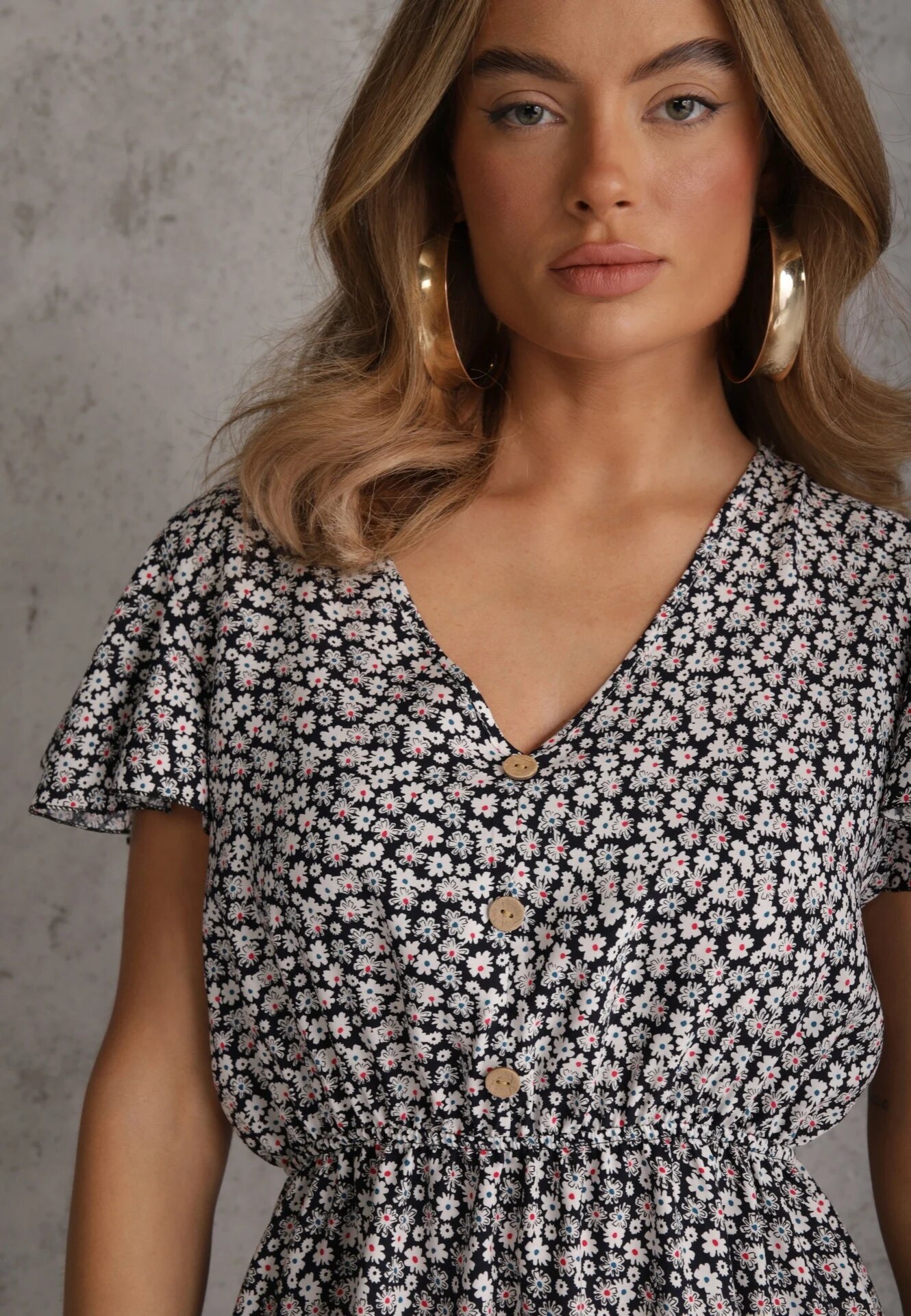 defox Rochie Negru-Alb din Bumbac cu flori cu elastic în talie și Mâneci Scurte Nahone