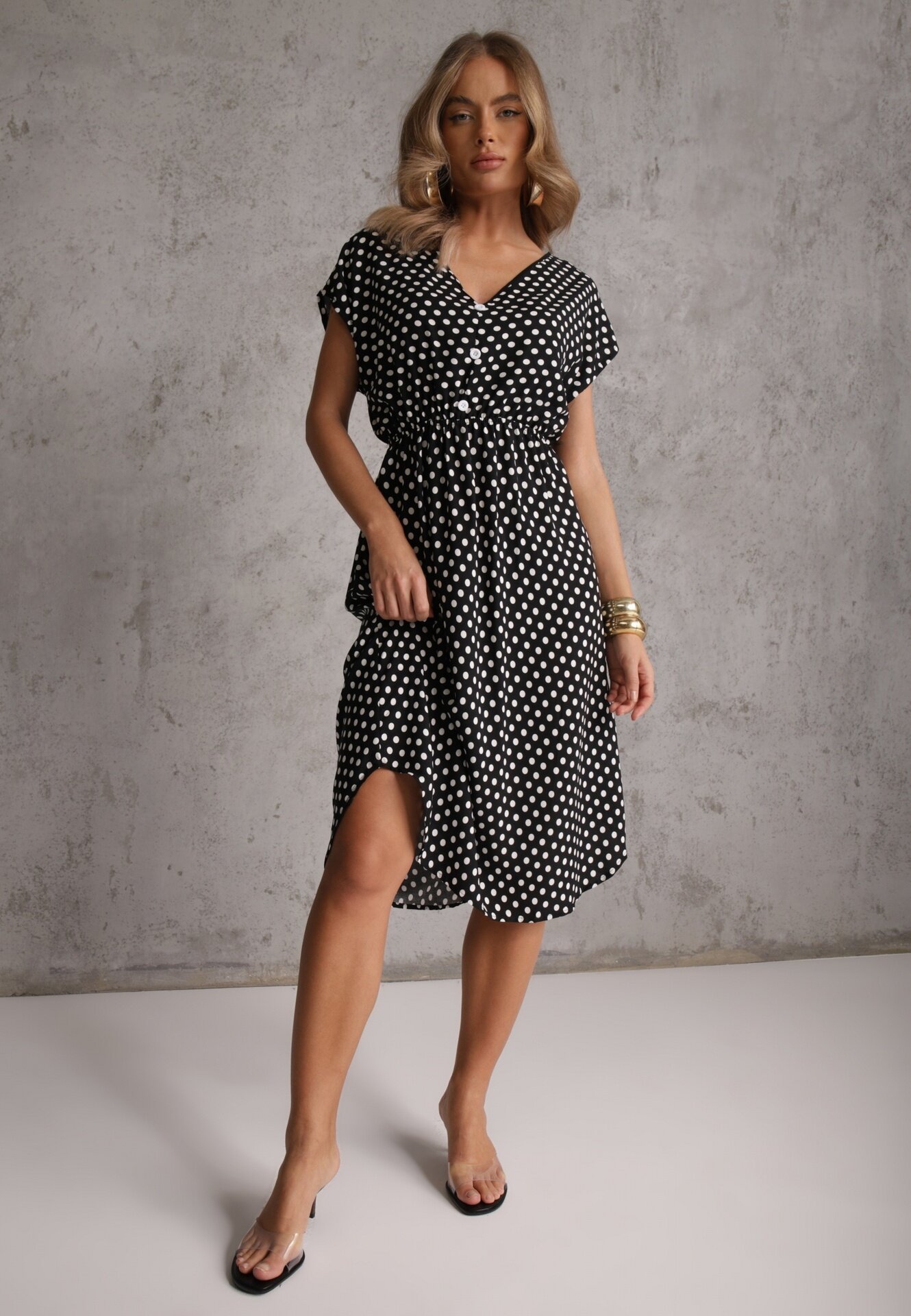 defox Rochie Negru-Albă din bumbac cu croială evazată cu elastic în talie Emilla