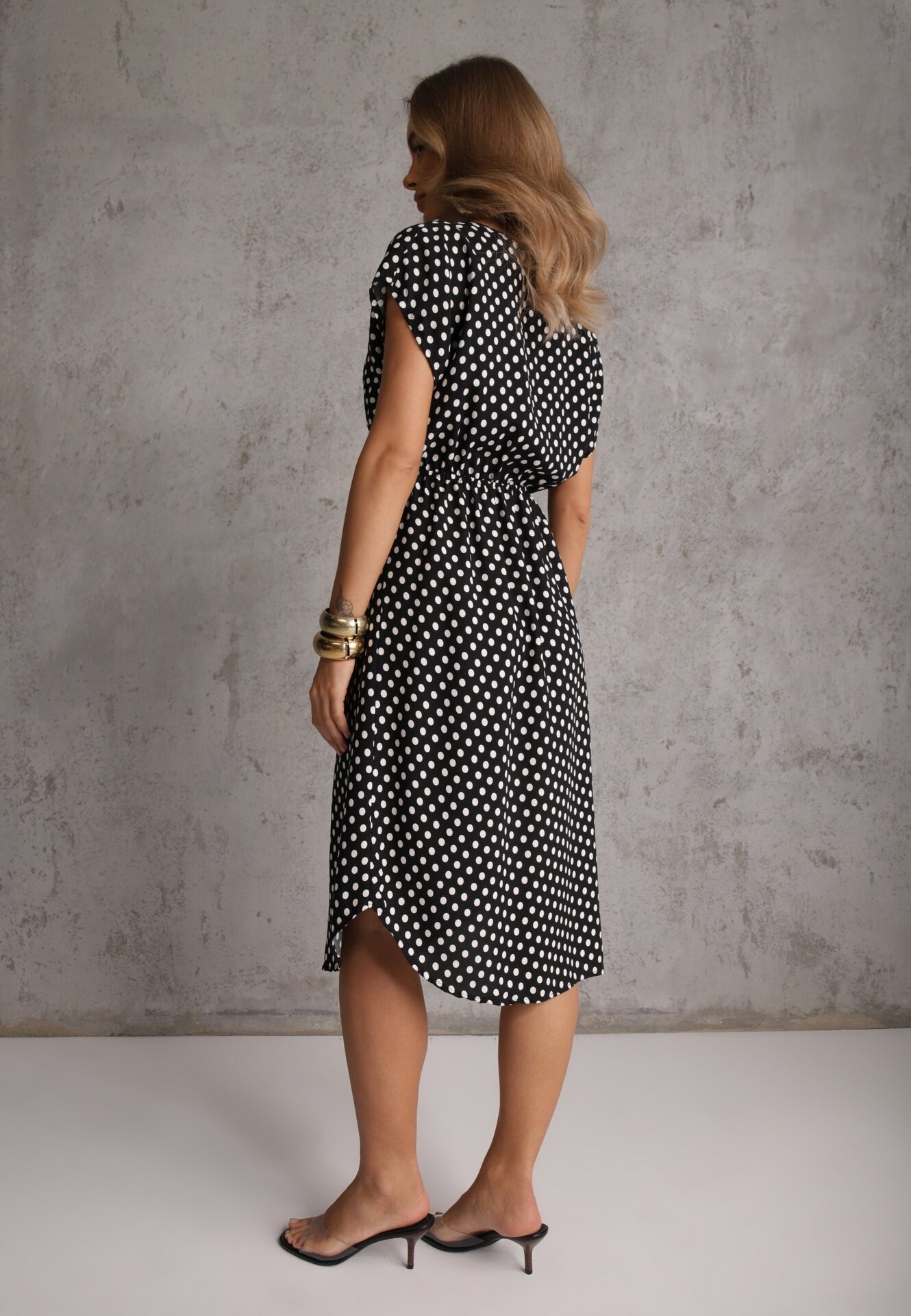 defox Rochie Negru-Albă din bumbac cu croială evazată cu elastic în talie Emilla