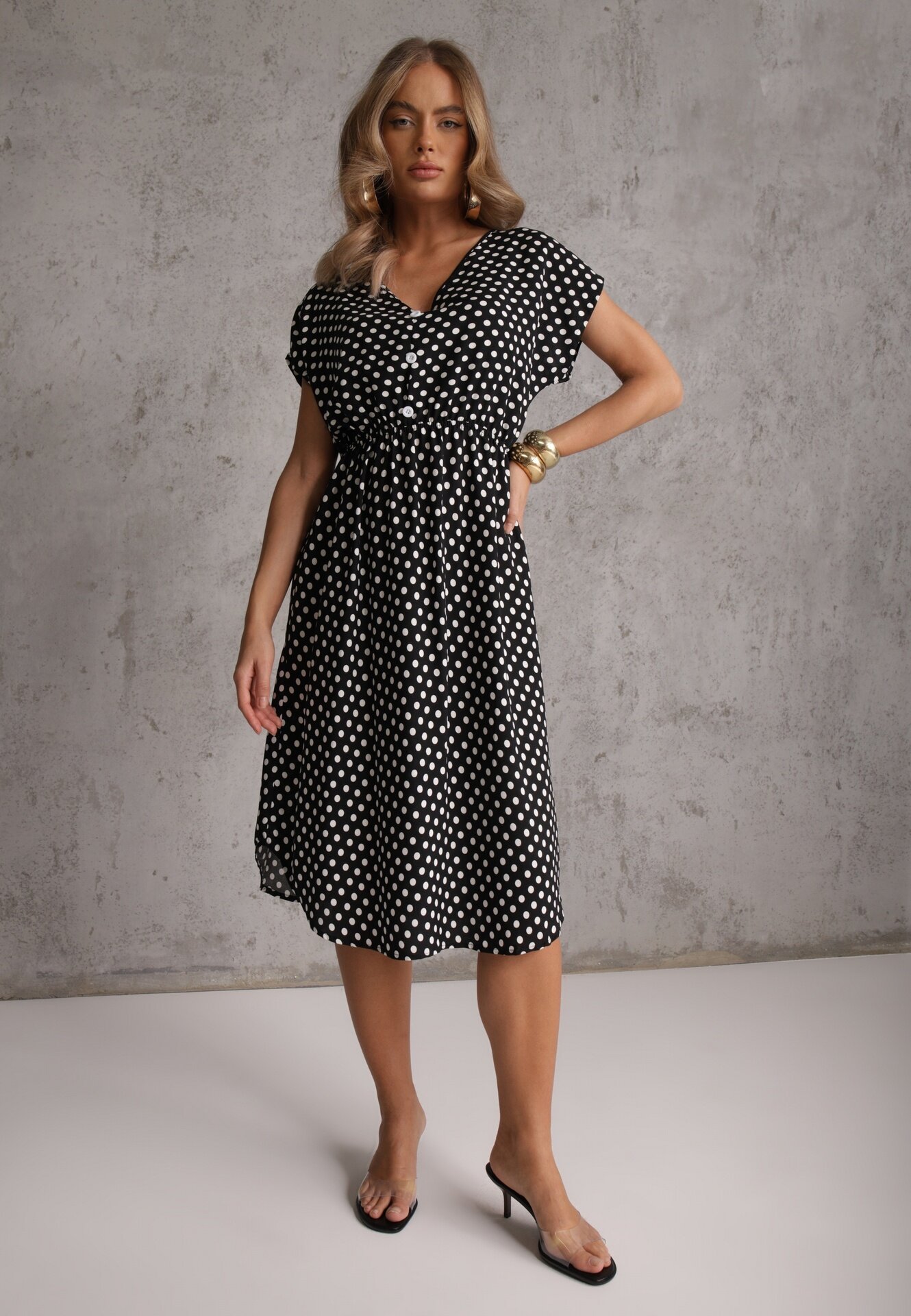 defox Rochie Negru-Albă din bumbac cu croială evazată cu elastic în talie Emilla