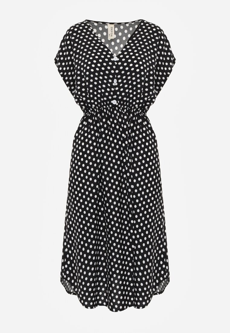 defox Rochie Negru-Albă din bumbac cu croială evazată cu elastic în talie Emilla