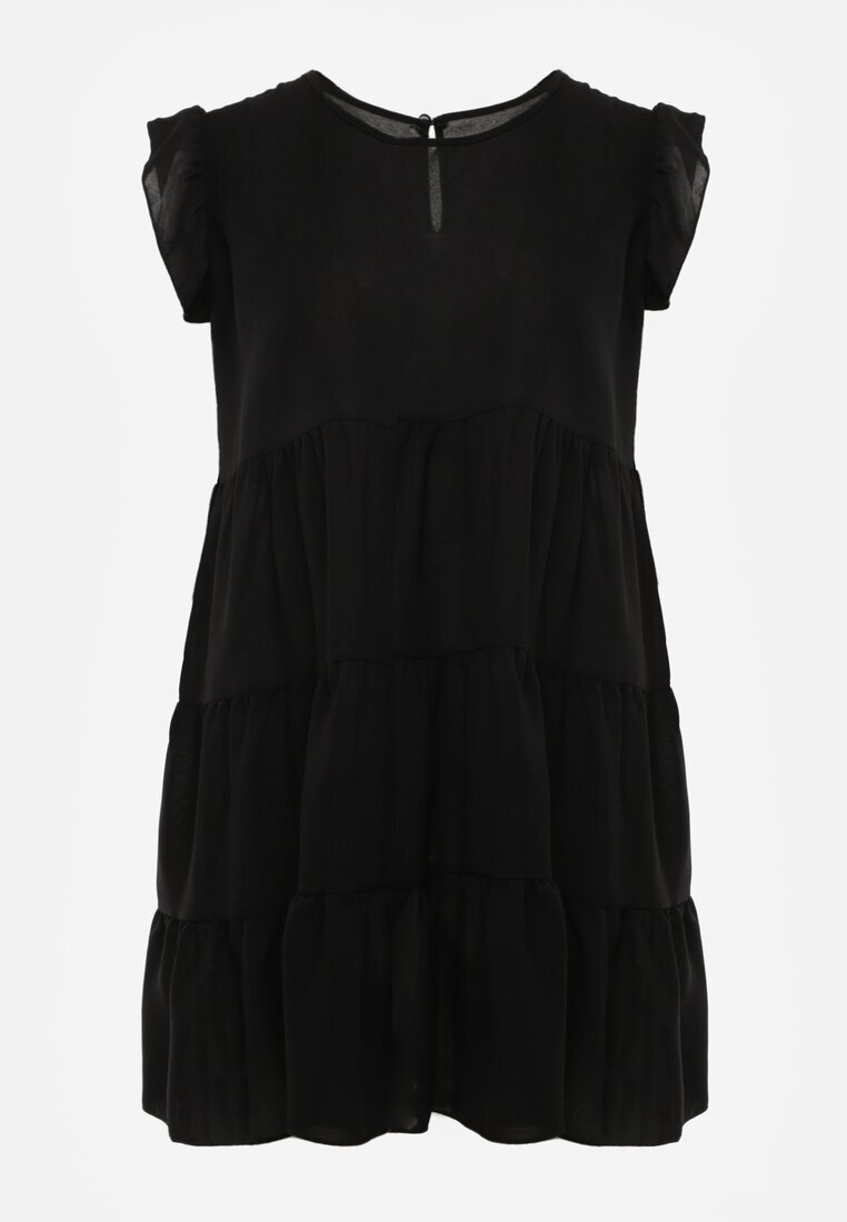 defox Rochie Negru cu Mânecă Scurtă și Volane Decorative cu Croială Cloș Vetesa