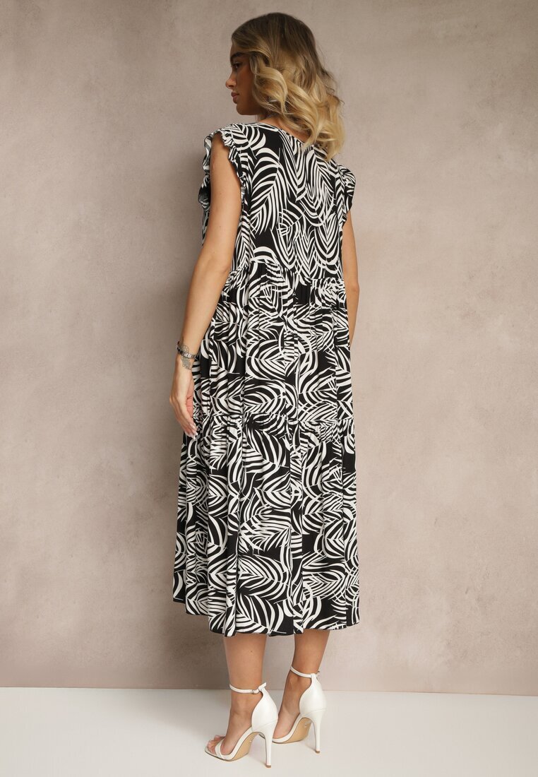 defox Rochie Negru din Bumbac cu Imprimeu Floral Cloș Diviora