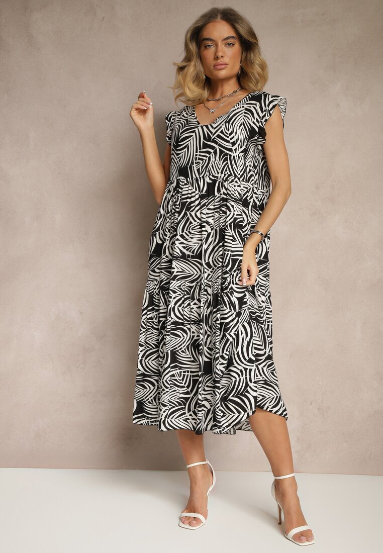defox Rochie Negru din Bumbac cu Imprimeu Floral Cloș Diviora