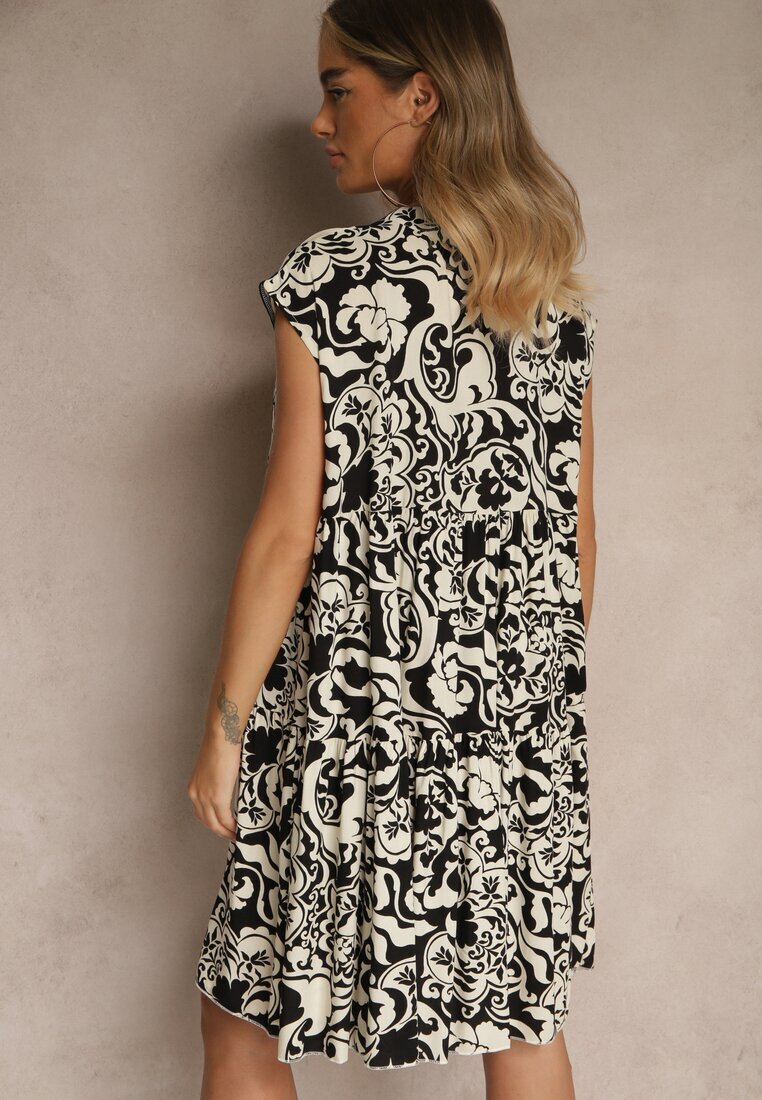 defox Rochie Negru Oversize din Bumbac cu Model Ornamental Folazea