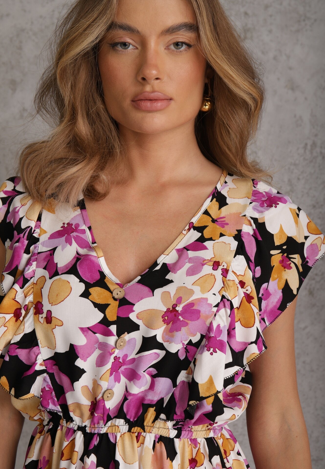 defox Rochie Negru-Roz Cambrată de bumbac Cu flori Cu volane la umeri Cu elastic în talie Nelova