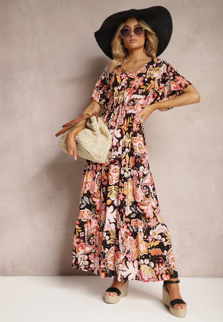defox Rochie Negru-Roz Din Bumbac De Vară Decorată cu Model Boho Colorat cu Elastic în Talie Pythia
