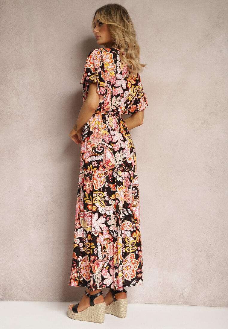 defox Rochie Negru-Roz Din Bumbac De Vară Decorată cu Model Boho Colorat cu Elastic în Talie Pythia
