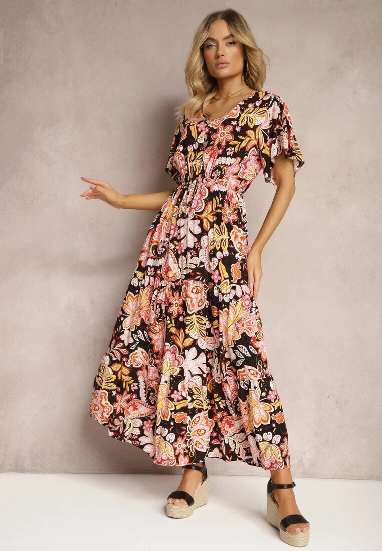 defox Rochie Negru-Roz Din Bumbac De Vară Decorată cu Model Boho Colorat cu Elastic în Talie Pythia
