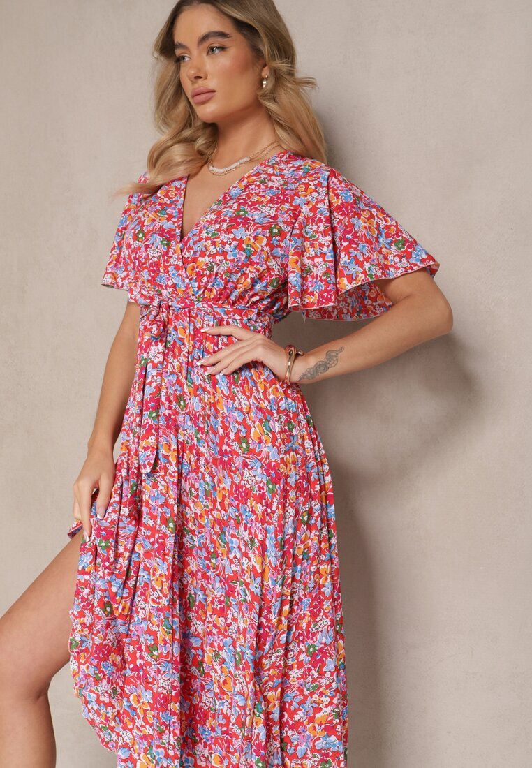defox Rochie Roșie cu Pliuri cu Imprimeu Floral cu Croială Cloș Lanelin