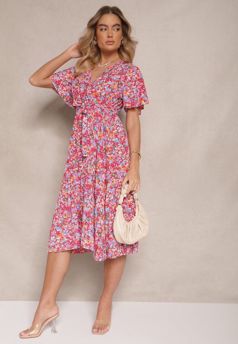 defox Rochie Roșie cu Pliuri cu Imprimeu Floral cu Croială Cloș Lanelin