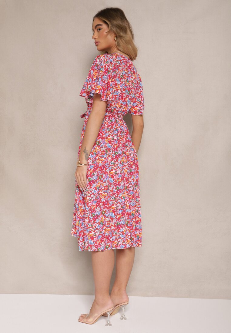 defox Rochie Roșie cu Pliuri cu Imprimeu Floral cu Croială Cloș Lanelin