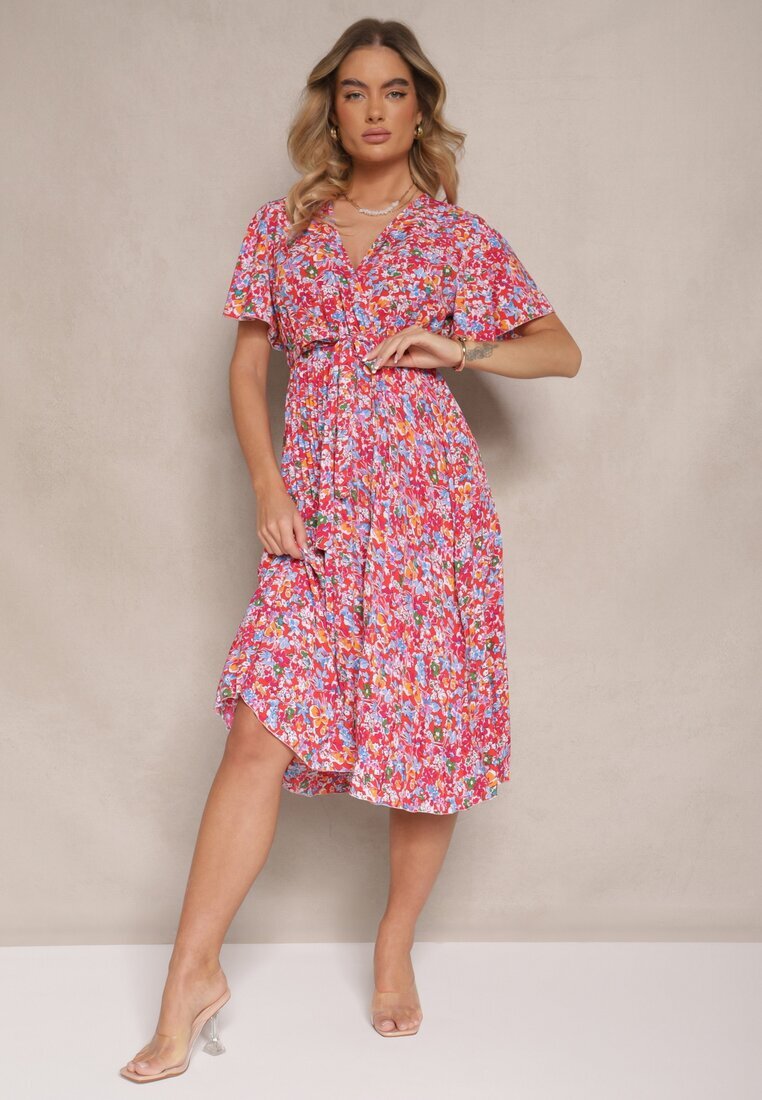 defox Rochie Roșie cu Pliuri cu Imprimeu Floral cu Croială Cloș Lanelin