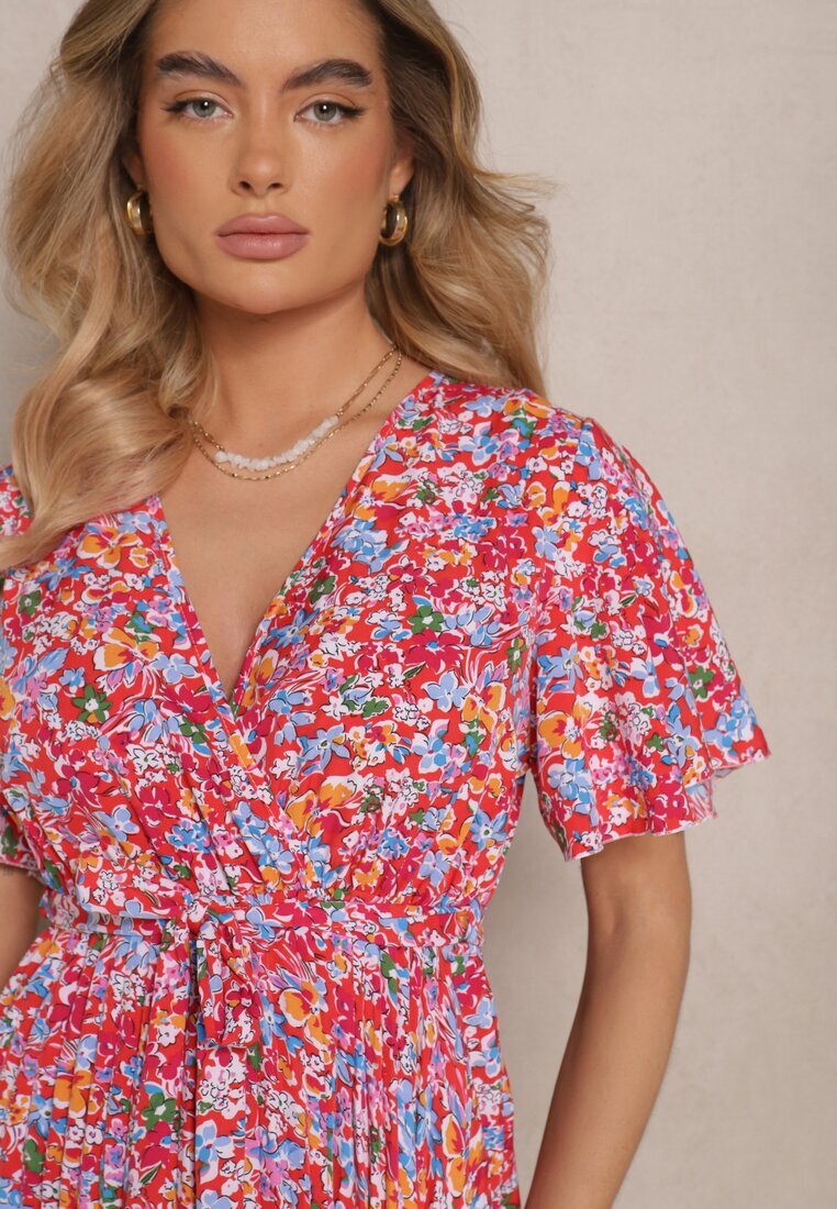 defox Rochie Roșie cu Pliuri cu Imprimeu Floral cu Croială Cloș Lanelin